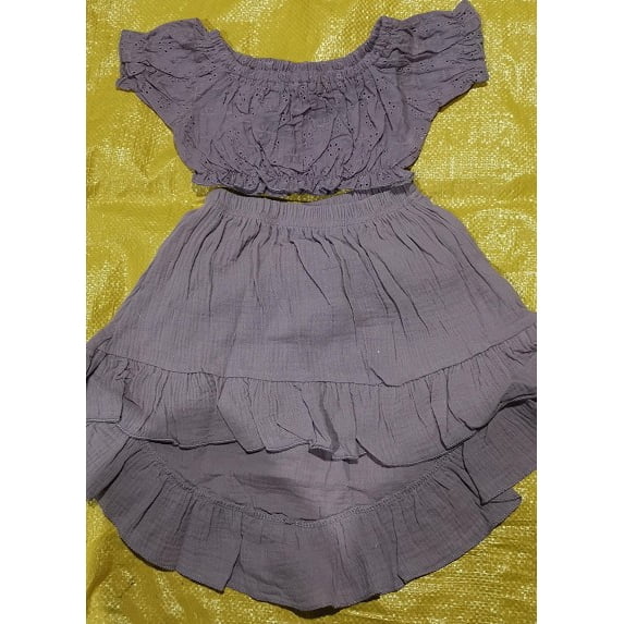 Franhais Baby Girls 2PCS Plain Outfits, Short Sleeve Ruffle Off-Shoulder Hollow Tops, Irregular Midi Skirt, Toddler Ruched Summer Outfits