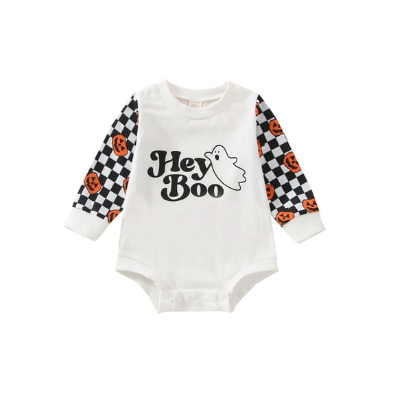 Franhais Baby Girls Boys Halloween Romper Long Sleeve Round Neck Letter Pumpkin Print Patchwork Playsuit