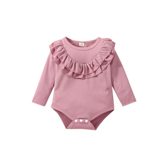Franhais Baby Girls Long Sleeve Romper, Spring Autumn Infant Solid Color Flouncing Splicing Round Collar Jumpsuit Casual Clothes