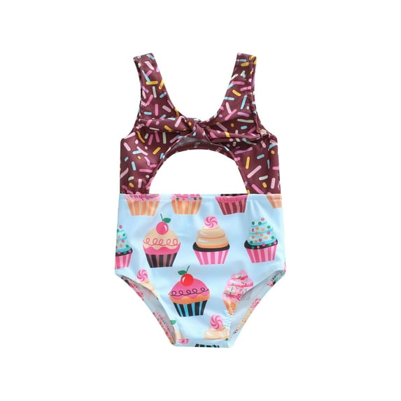 Franhais Baby Girls One-piece Swimsuits, Biscuit/Cake Print Sleeveless V-neck Cutout Bathing Suit