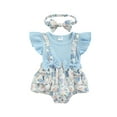 thumbnail image 1 of Franhais Baby Girls Romper and Headband, Fly Sleeves Patchwork Flower Print Jumpsuit for Infant, Blue/ Pink, 1 of 9