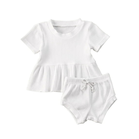 Franhais Baby Girls Solid Color Clothes Set, Ruffle Hem Short Sleeve O-neck Tops + Drawstring Shorts for Summer
