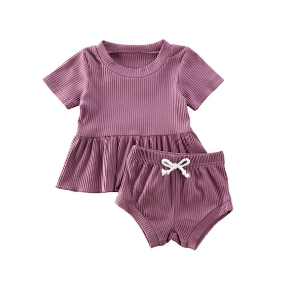 Franhais Baby Girls Solid Color Clothes Set, Ruffle Hem Short Sleeve O-neck Tops + Drawstring Shorts for Summer