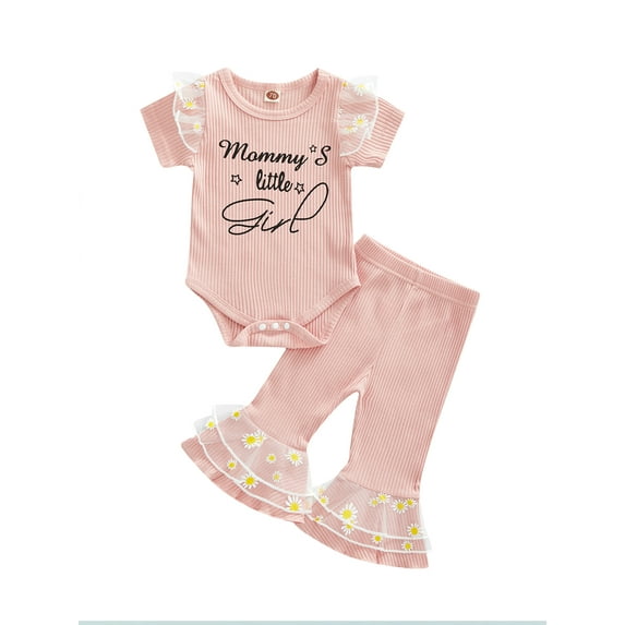 Franhais Baby Girls Summer Jumpsuits Set Letter Print Short Sleeves Romper and Daisy Mesh Patchwork Casual Flared Pants