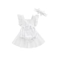 thumbnail image 1 of Franhais Baby Girls Summer Romper with Headband, Lace Bows Adjustable Straps Mesh Layer Backless Romper, Snap Triangle Jumpsuit, 1 of 8
