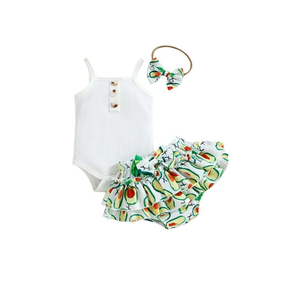 Franhais Baby Girls Three-piece Layette, Solid Color Romper, Fruit Print Skirt Hem Shorts and Headdress, 0-18 Months