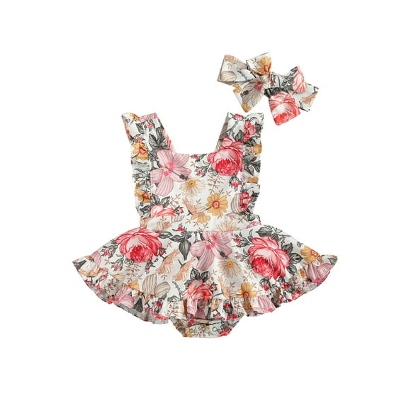 Franhais Baby Girls Two-piece Clothes Set, Printed Pattern Square Collar Romper + Headdress