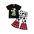 thumbnail image 1 of Franhais Baby Kid Girls Pants Set, Short Sleeve Cow Print T-shirt with Patchwork Flare Pants, 1 of 9