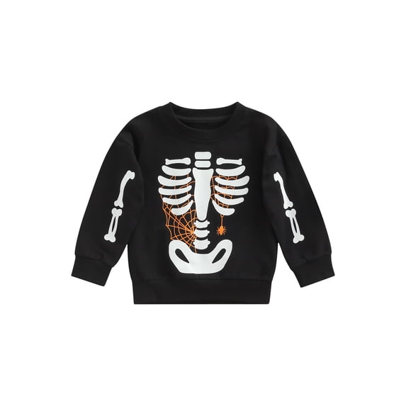 Franhais Boys Girls Halloween Sweatshirt, Letter Skeleton Pumpkin Print Crew-Neck Long Sleeve Tops