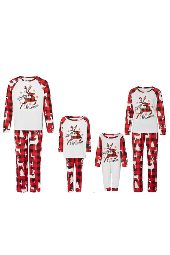 Christmas Family Pajamas Matching Set Elk Print Long Sleeve Tops and Red Plaid Pants Sleepwear