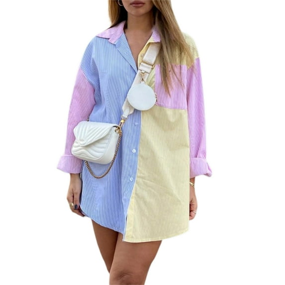 Franhais Fall Fashion Tops Button Down Oversized Shirts Long Sleeve Striped Print Color Block Loose Tops(S-L)