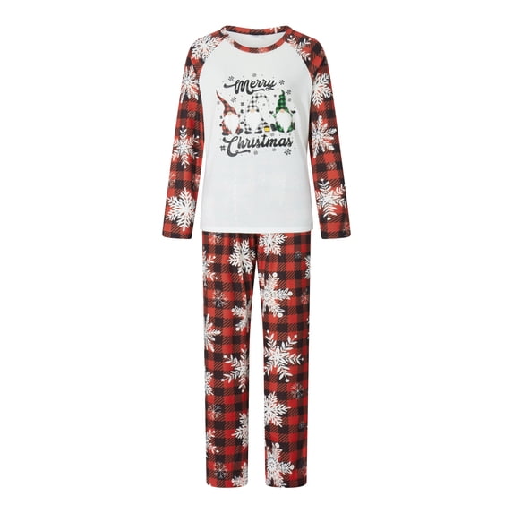 Franhais Family Matching Christmas Pajamas, Cartoon Gnome Print Long-Sleeved Tops + Plaid Snowflake Pattern Trousers Sleepwear Outfits