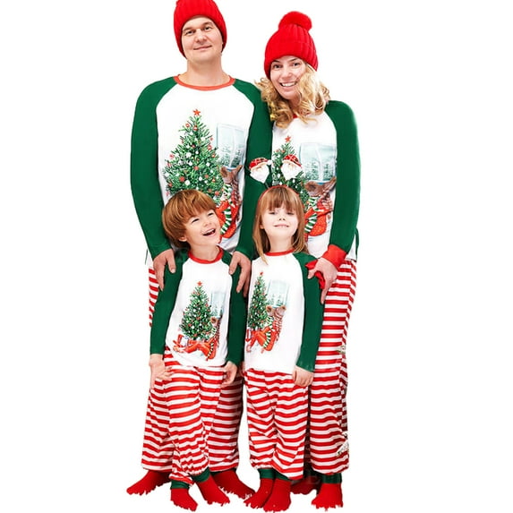 Franhais Family Pajamas Matching Set Christmas Tree Print Long Sleeve Tops and Elastic Striped Pants Loungewear Soft Sleepwear