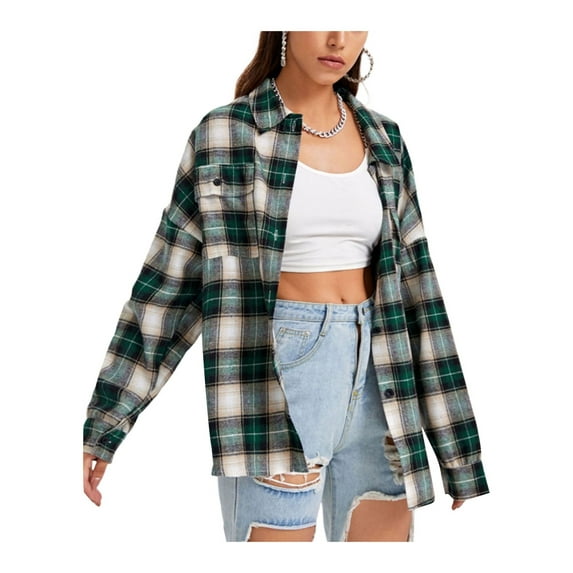 Franhais Female Shirt, Adults Plaid Turn-Down Collar Long Sleeve Tops Single-Breasted Blouse for Spring Fall, XS/S/M/L/XL/XXL