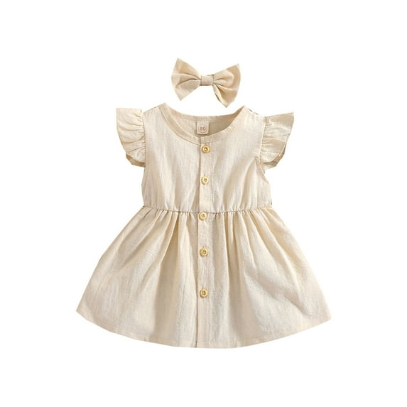 Franhais Girl Round Neck Dress, Children Baby Kid Solid Color Fly Sleeve Button Down Skirt Matching Hairpin