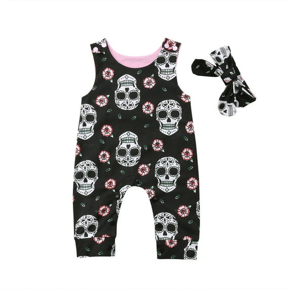 Franhais Girl’s Skull Printed One-piece Romper Set, Sleeveless Snap Button Crotch Strap Bodysuit