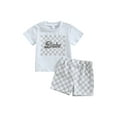 thumbnail image 1 of Franhais Girls 2Pcs Checkerboard Print Outfits, Short Sleeve Round Neck Letter Printed T-Shirt + Elastic Waist Loose Fit Short Pants, 1 of 9