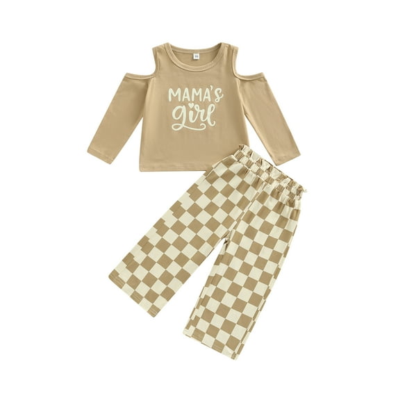 Franhais Girls 2pcs Pants Suit, Letters Print Pullover and Checkerboard Plaid Pattern Trousers