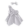 thumbnail image 1 of Franhais Girls' Casual Dress Dots Printed Slanted Shoulders Ruffles Irregular Hem with Belt + Hairband, 1 of 9