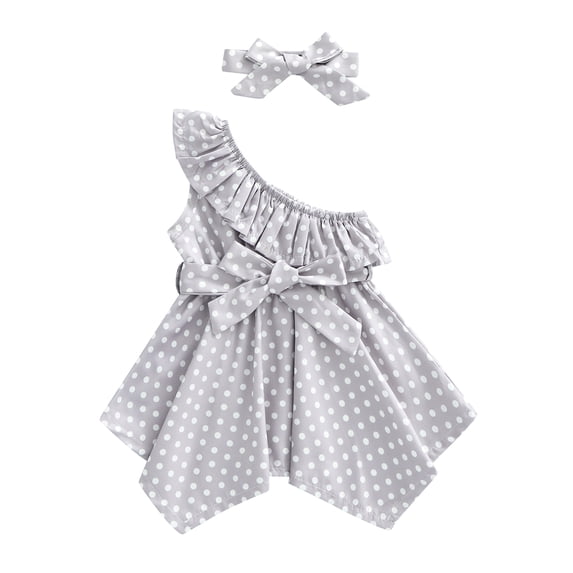 Franhais Girls' Casual Dress Dots Printed Slanted Shoulders Ruffles Irregular Hem with Belt + Hairband
