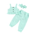 thumbnail image 1 of Franhais Girls Casual Suit, Solid Color Sleeveless Ruffled Sling Tops+Pockets Long Pants+Headband, 1 of 9
