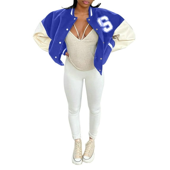 Franhais Girls Long Sleeve Loose Hoodie, Ladies Leisure Style Color Matching Letter Printing Baseball Uniform Tops Single-breasted Coat
