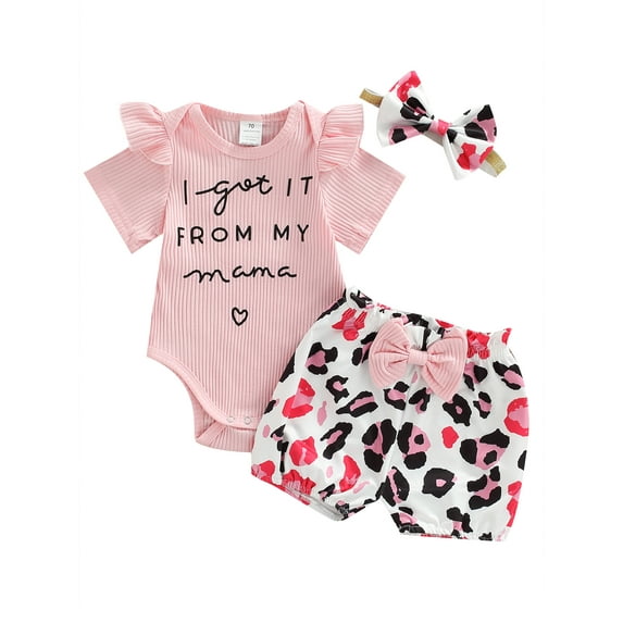 Franhais Girls Summer 3Pcs Outfit Sets Short Sleeve Letter Print Romper + Leopard/Sunflower Print Shorts + Headband