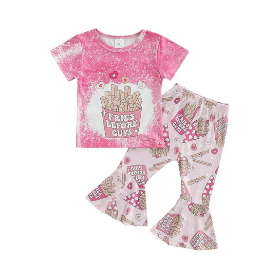 Franhais Girls Two-piece Summer Pants Suit, Printing Round Neck T-shirt and Bell Bottom Pants, Pink/ Yellow