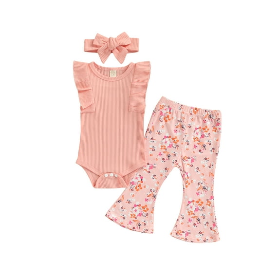 Franhais Infant Baby Girls 3 Pieces Outfit, Solid Color Knit Rib Ruffles Sleeve Romper + Floral Print Flare Long Pants + Headband Set