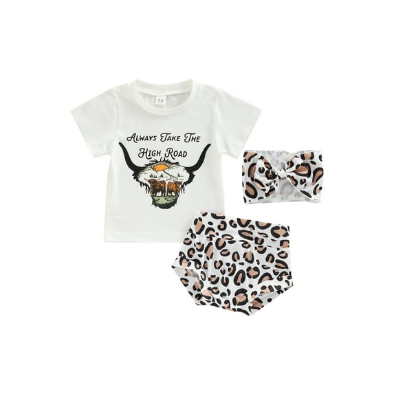 Franhais Infant Baby Girls 3 Pieces Outfits, Letter Print Short Sleeve T-Shirts + Leopard/Cow Print Shorts + Headband Summer Set