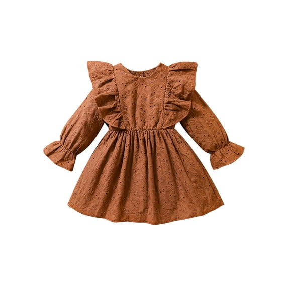 Franhais Infant Baby Girls Dress Lace Cutout Round Neck Ruffles Long Sleeve Dress Spring Autumn Casual Princess A-line Dress