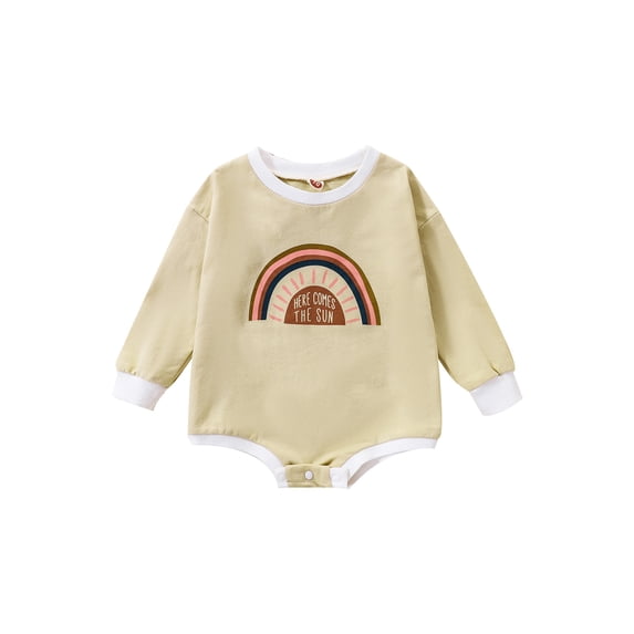 Franhais Infant Baby Unisex Casual Romper, Round Neck Rainbow/Sun/Letter Printed Long Sleeve Bodysuit