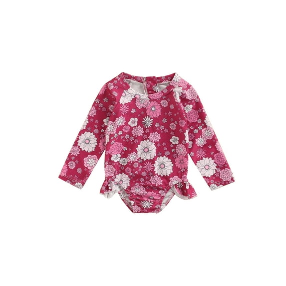 Franhais Infant One Piece Swimsuit, Girls Floral Print Round Neck Long Sleeve Ruffle Swimwear
