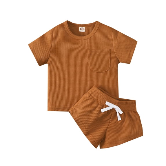 Franhais Infant Two-piece Layette, Solid Color Round Neck Short Sleeve Tops and Elastic Waist Shorts, White/ Brown/ Coffee