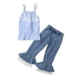 thumbnail image 1 of Franhais Kid Girl Long Pants Outfits, Sleeveless Plaid Pattern Lace Patchwork Sling Tank Tops + Elastic Waist Flare Pants Set, 1 of 9
