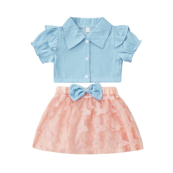 Franhais Kid Girl Outfits Set, Lapel Ruffle Trim Short Sleeve Buttons Shirts Tops with Bow Butterfly Decoration Mesh Skirt