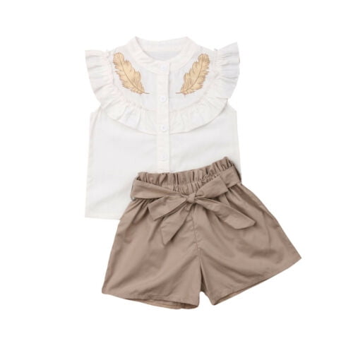 Franhais Kids Girls 2Pcs Outfits Set, Button Down Shirt Tops + Bowknot Shorts Summer Clothes Suits