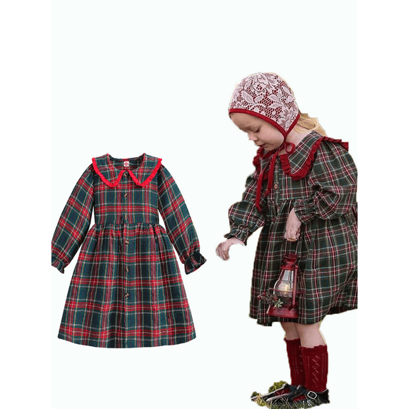 Franhais Kids Girls Dress Plaid Doll Collar Buttons Long Sleeve Dress Fall Fashion Casual Princess Dress