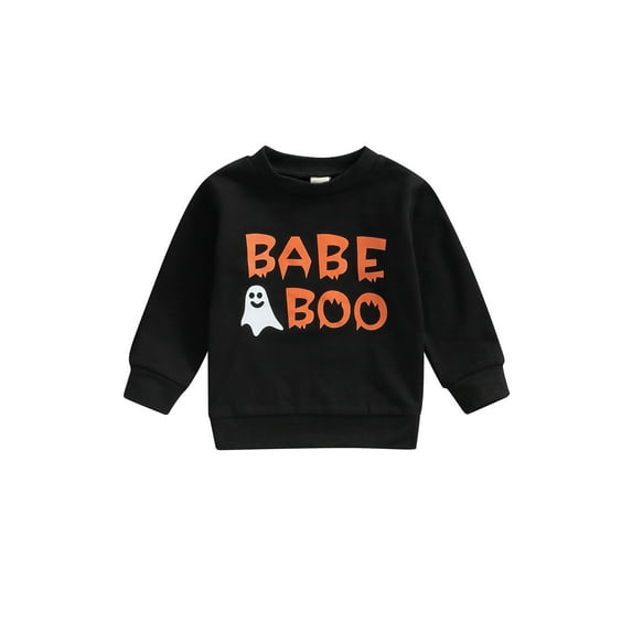 Franhais Kids Halloween Long Sleeve Pullover, Ghost Capital Letters Printed Round Neck Patchwork Leisure Style Loose Fit Streetwear Tops