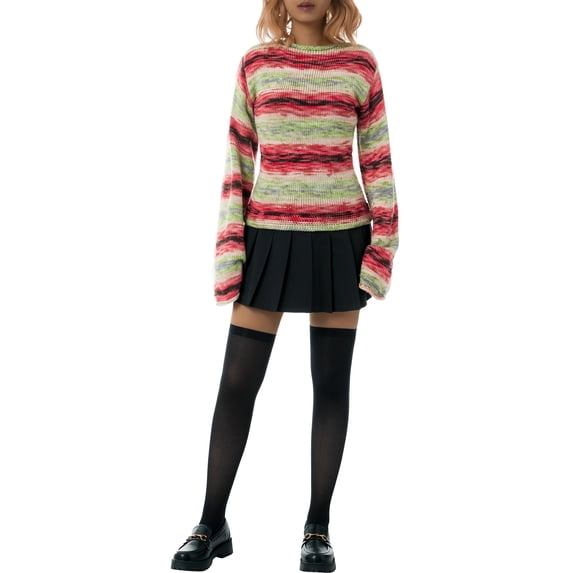 Franhais Ladies Long Sleeve Casual Knitwear, Autumn Creative Rainbow/Color Matching Round Collar Curled Selvedge Short Pullover Sweater