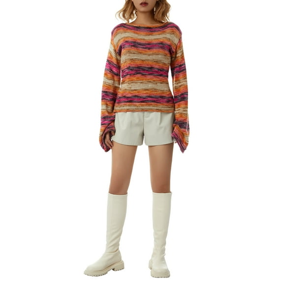 Franhais Ladies Long Sleeve Casual Knitwear, Autumn Creative Rainbow/Color Matching Round Collar Curled Selvedge Short Pullover Sweater