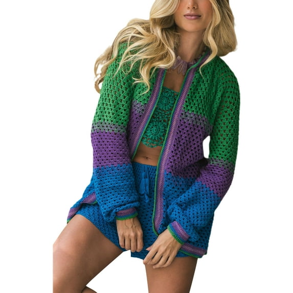 Franhais Ladies Summer Knitted Leisure Suit, Women Color Matching Hollow Long Sleeve Cardigan Tops + Mid Waist Shorts