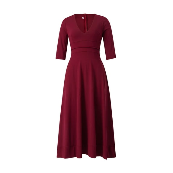Franhais Ladies Summer Long A-line Dress Elegant solid color Half sleeve Deep V neck pleated party date dress(S-2XL)