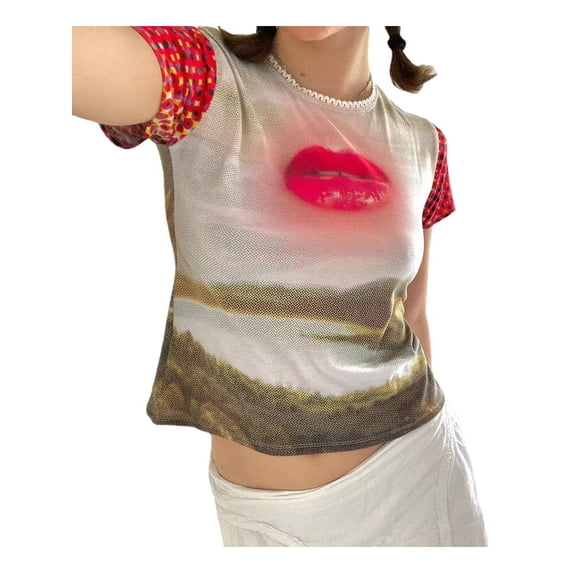 Franhais Ladies Summer Slim T-shirt, Women Leisure Style Lip/Scenery/Dot Printing Splicing Short Sleeve Round Collar Tops