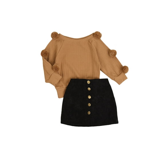Franhais Little Girl's Suit, Long Sleeve Round Neck Pompom Knitwear Decorative Button Skirt