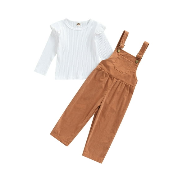 Franhais Little Girls 2Pcs Outfits, Solid Color Long Sleeve Round Neck Ruffles Tops + Suspender Style Pocket Trousers