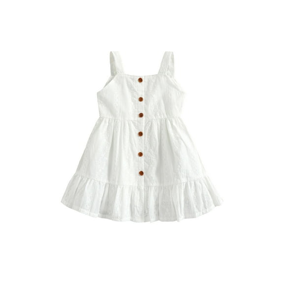 Franhais Little Girls Summer, Sling Plain Embroidery Button-Down Ruffle Hem Dress, Girls Knee-Length Casual One-Piece