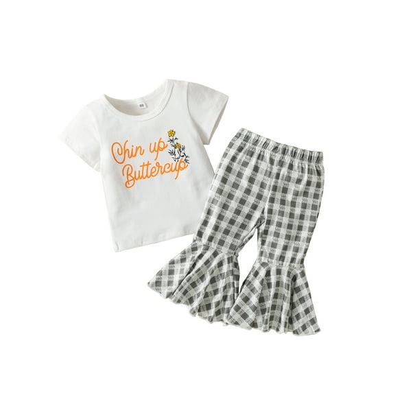 Franhais Little Girls Two-piece Pants Suit, White Letters and Flower Print T-shirt and Plaid Pattern Bell Bottom Trousers