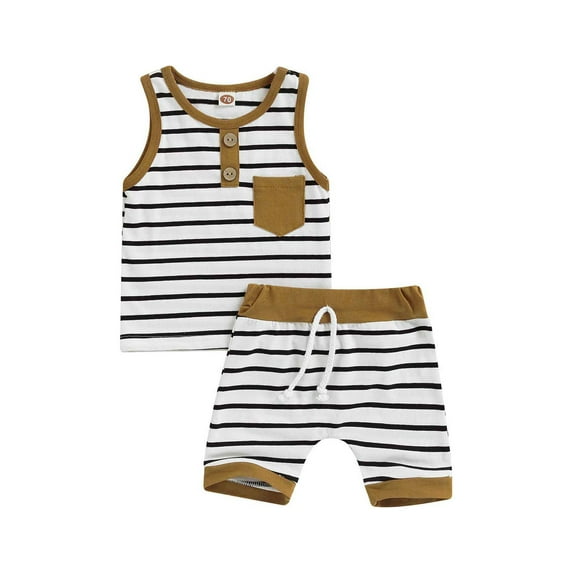 Franhais Lovely Little Boy Shorts Set, Buttoned Round Neck Sleeveless Stripe Tops with Pocket Elastic High Waist Short Pants
