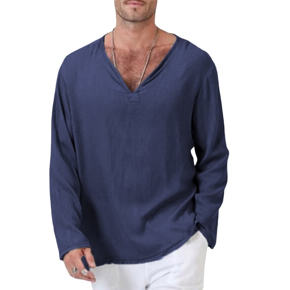 Franhais Men Long Sleeve Shirts, Plus Size Solid Color V-Neck Ethnic Style Tops Spring Fall Fashion Casual T-shirt